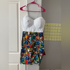 White Lace Top with Colorful Geometric Skirt Dress